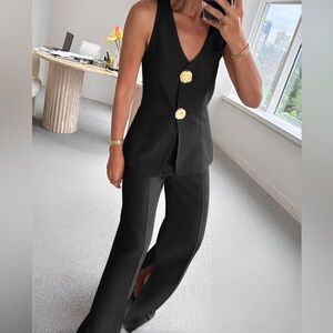 Black High-Rise Wide-Leg Trousers with Gold Button Detail